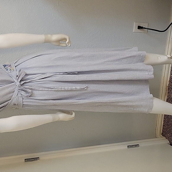 ANOTHER THYME 1980s Icy Blue Floral Gingham Tie Back Coquette Land Girl Dress - Picture 9 of 10